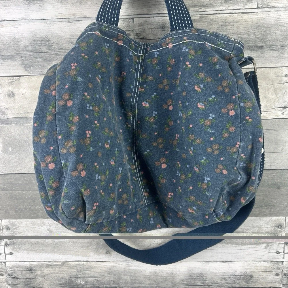 Floral Denim Hobo Bag With Cross Stitching And Woven Straps
